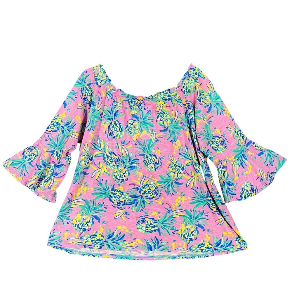 Stella Parker Pineapple‎ Print Bell Sleeve Off Shoulder Knit Top XL Womens